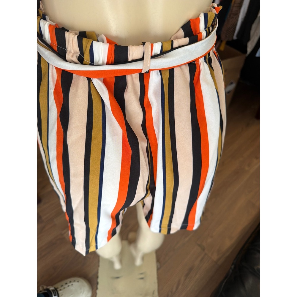 Shein Curve Striped Paperbag Waist Shorts Orange Yellow Black White 2XL - Picture 5 of 6